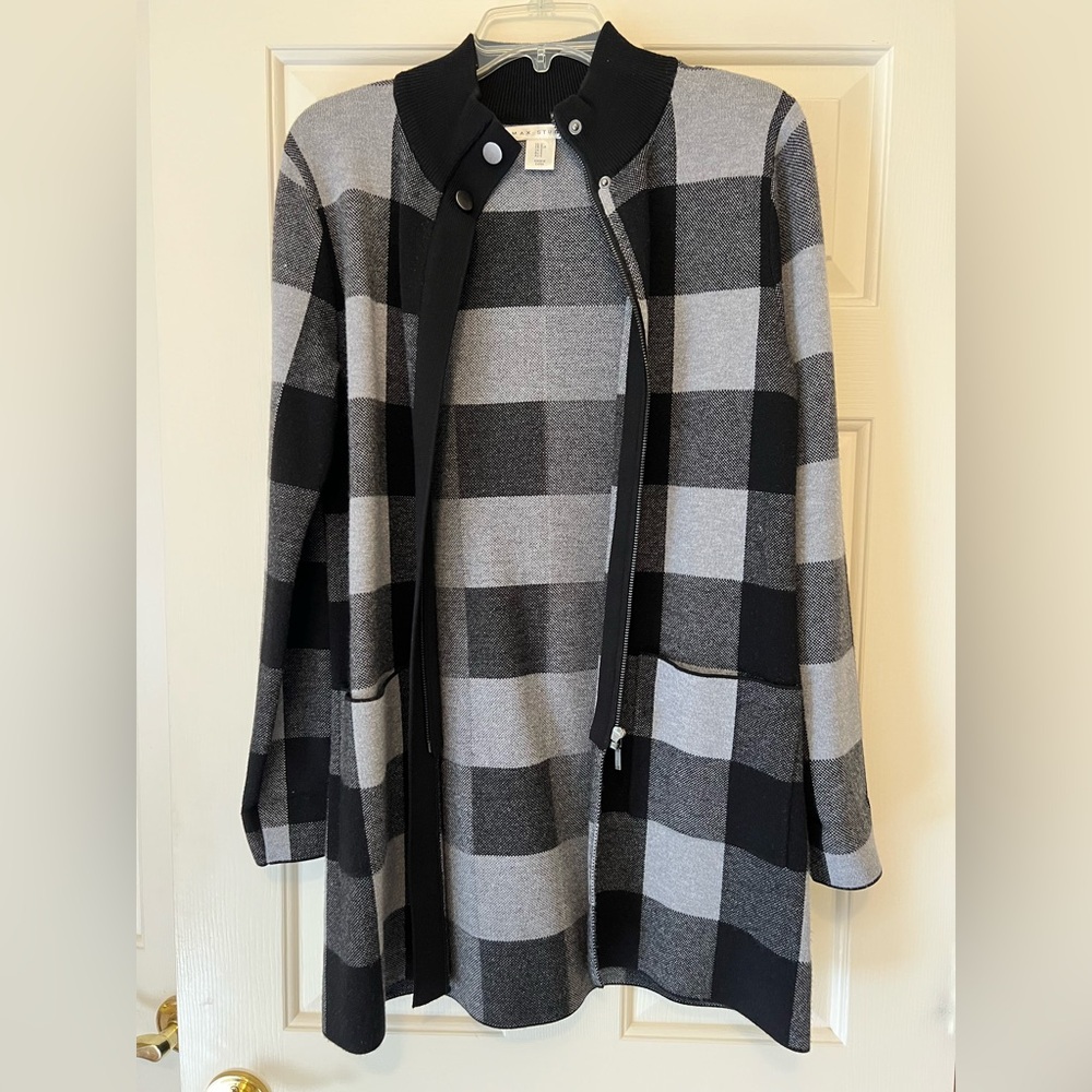 Max Studio Black and Gray Buffalo Plaid Zip Up Sweater Jacket size small